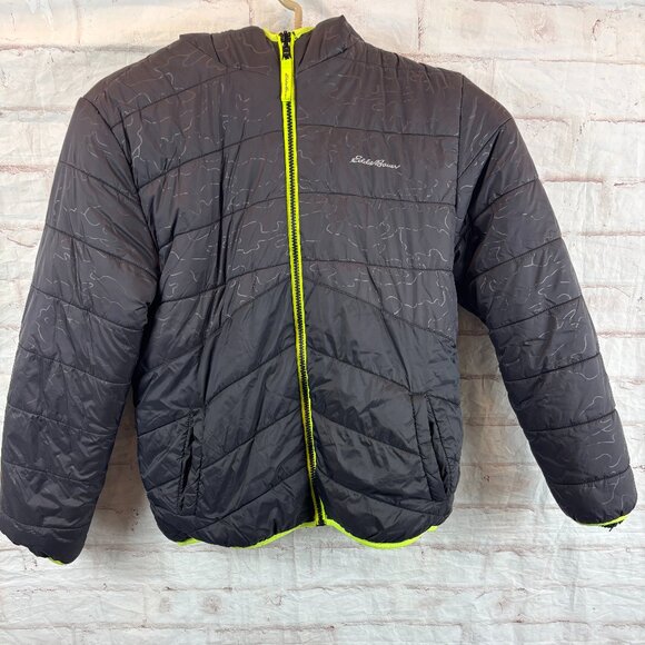 Eddie Bauer Boys M Black Insulated Reversible Fleece Hooded Winter Jacket - Picture 1 of 10